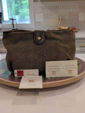 Borbonese Redwall Textured Brown Leather Snap Closure Clutch. All Inclusive.